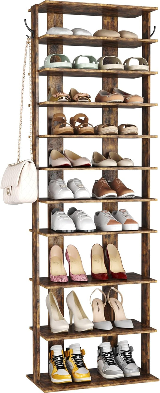 HOMEFORT 10-Tier Vertical Shoe Rack, Corner Shoe Tower, Double Rows 10 Tiers Shoe Shelf, Slim Shoe Storage Unit for 20 Pairs of Shoes, Shoe Stand for Entryway, Hallway, Closet (Rustic Brown)-NeatNest