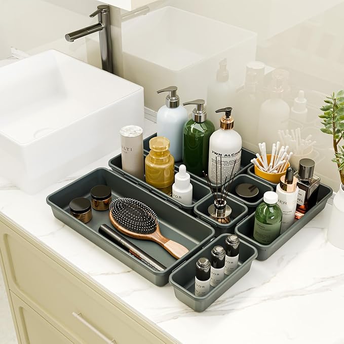 BYCY 38PCS Interlocking Desk Drawer Organizer Tray Divider Set, Plastic Black Desk Organizer Separator, Office Drawer Dividers Storage Bins for Office Bathroom Kitchen (38pcs 5Size)-NeatNest