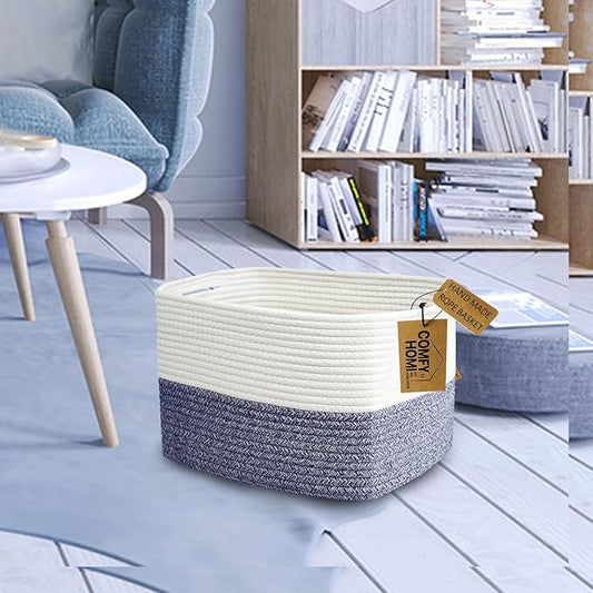 COMFY-HOMI Medium Cotton Rope Basket With Handles for Shelves|Dog Toy|Baby Gift Basket Empty for Organizing|NEW Generation 13.5" x 11" x 9.5" Living Room (Navy Blue)-NeatNest