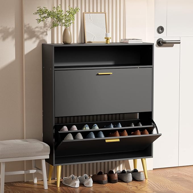 JOZZBY Shoe Cabinet for Entryway, Narrow Shoe Storage Cabinet with 2 Flip Drawers, Freestanding Hidden Shoe Rack Storage with Open Shelves for Hallway, Living Room, Set of 2, Black-NeatNest