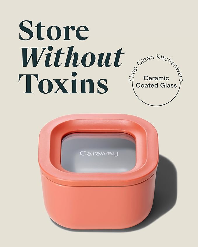 Caraway Mini Square Food Storage Container - 1.75 Cup Glass Storage Container for Food - Non-Toxic Ceramic-Coated Glass - Air Release Technology - Compact & Stackable Design - Perracotta-NeatNest