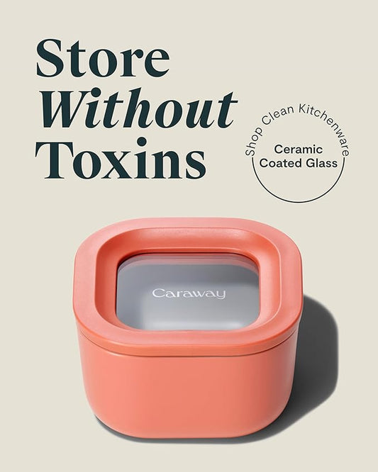 Caraway Mini Square Food Storage Container - 1.75 Cup Glass Storage Container for Food - Non-Toxic Ceramic-Coated Glass - Air Release Technology - Compact & Stackable Design - Perracotta-NeatNest