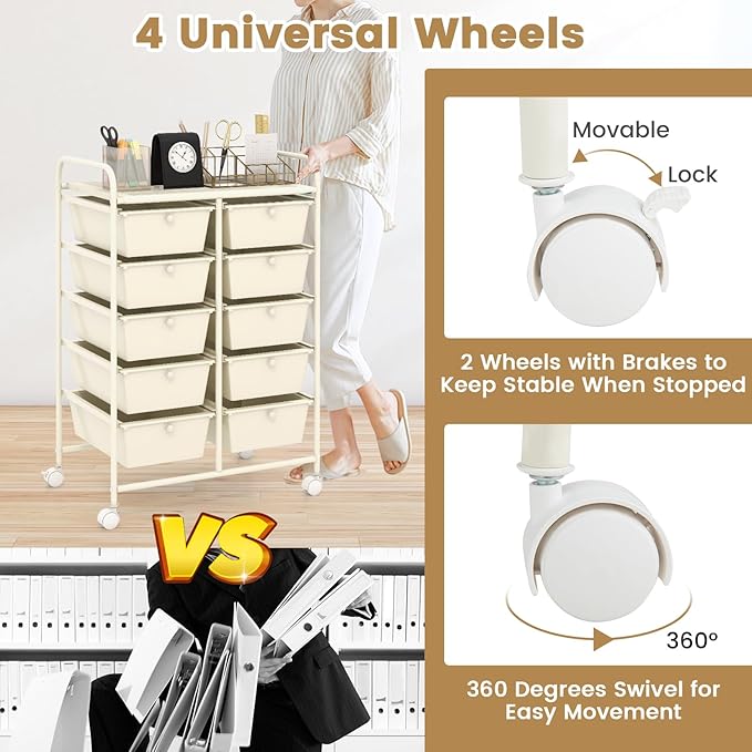 Moccha Rolling Cart with 10 Drawers - Storage Drawers Organizer with wheels for Craft Art Supply Paper Salon, Multipurpose Movable Utility Cart for Teacher Classroom, White