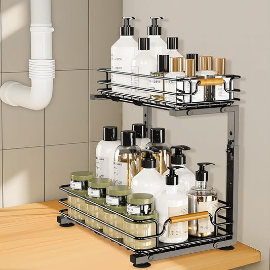 JYPS Under Sink Organizer, 2 Tier Pull out Under Kitchen Bathroom Sink Organizer and Storage, Metal Sliding Drawer for Cabinet Pantry Undersink Organizers Shelf (Black, 1 Pack)-NeatNest