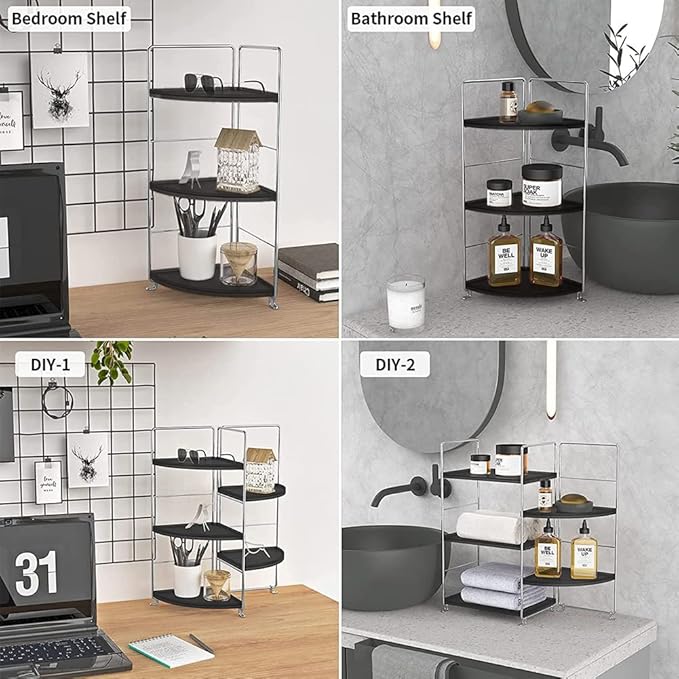 3-Tier Bathroom Countertop Organizer , Vanity Tray Cosmetic & Makeup Storage, Kitchen Spice Rack Standing Shelf , Corner Storage Shelf , Silver&Black-NeatNest