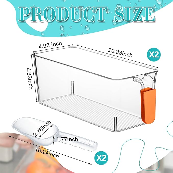 Havawish 2 Set Ice Bin and Flexible Scoop Set Plastic Freezer Ice Bin with Pull out Handle Clear Storage Bucket for Container with Bucket Scoop(Orange,10.83 x 4.92 x 4.33 in)