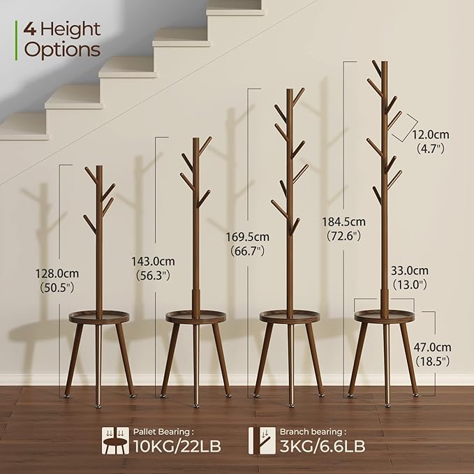 GREENSTELL Coat Rack with 8 Hooks, Wooden Coat Rack Freestanding with Shelf, Coat Tree with 4 Height Options 50.5"-72.6", Coat Hanger Stand for Bags, Clothes, Umbrellas, Hats, in Home, Brown-NeatNest