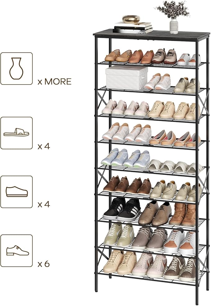 10 Tier Shoe Rack, Large Capacity Shoe Storage Organizer Holds 40 Pairs, Durable and Stable, for Entryway, Hallway, Closet, Dorm Room, Charcoal SS10BCG1-NeatNest