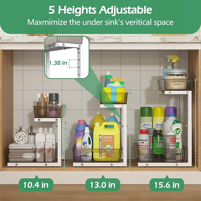 ADRIMER Under Sink Organizer 2 Packs, Pull Out Kitchen Sink Organizer, 2 Tier Slide Out Kitchen Organizers and Storage Bathroom Under Cabinet Storage Shelf, Grey & White-NeatNest
