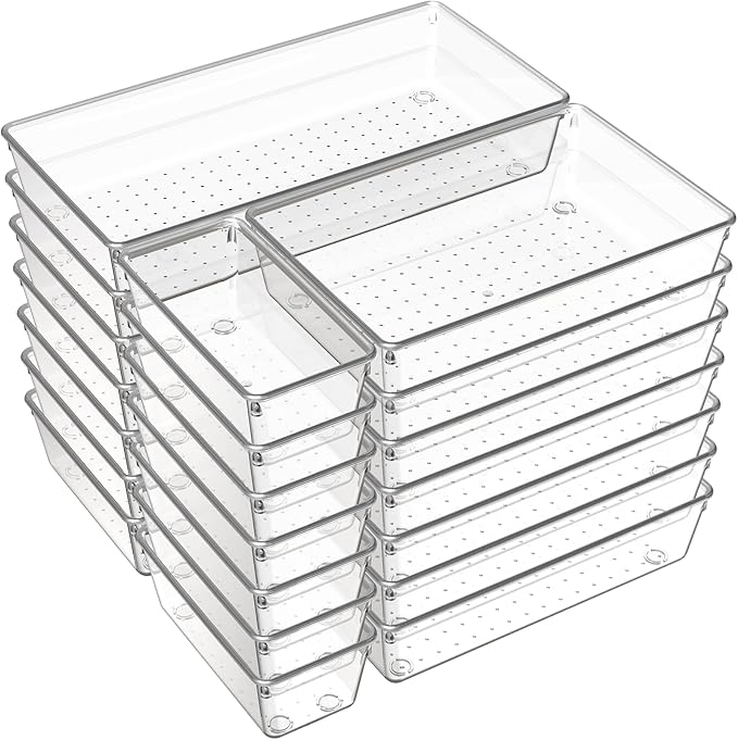 Criusia 21 Pack Large Clear Plastic Drawer Organizer Trays | BPA-Free Acrylic Organizer Bins for Large Kitchen Utensils, Bathroom, Makeup, Jewelries, Office Desk, School Supplies, Perfume-NeatNest