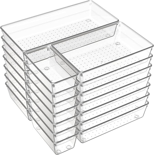Criusia 21 Pack Large Clear Plastic Drawer Organizer Trays | BPA-Free Acrylic Organizer Bins for Large Kitchen Utensils, Bathroom, Makeup, Jewelries, Office Desk, School Supplies, Perfume-NeatNest