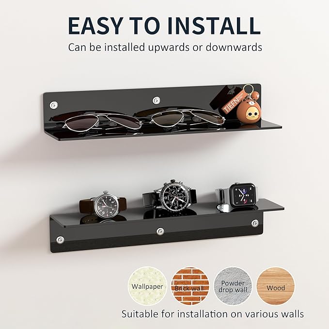 16 Inches Black Acrylic Wall Shelves 2 Pack, L Shape Floating Shelf, Acrylic Corner Shelf for Model Car, Candle, Calendar, Towel, Toiletries, Moisture-Proof, 4'' Depth-NeatNest