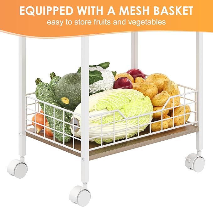 Microwave Cart with Storage, 3-Tier Rolling Kitchen Stand with Basket, Wood and Metal Utility Cart on Wheels, Coffee Bar Station, Small Baker’s Rack As Kitchen Island, Microwave Shelf Organizer, White
