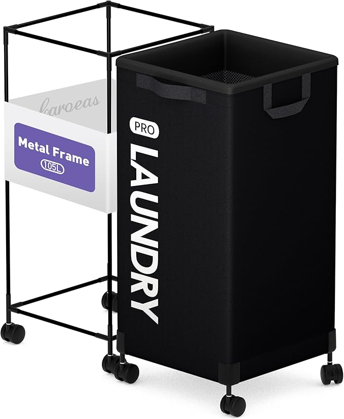 Caroeas Next-Gen 105L Matel Frame Laundry Basket with wheels, Heavy Duty Tall Rolling Laundry Hamper with Removable Wash Bag, Collapsible Freestanding Clothes Hamper (100L,Black,1Pack)