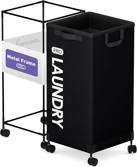 Caroeas Next-Gen 105L Matel Frame Laundry Basket with wheels, Heavy Duty Tall Rolling Laundry Hamper with Removable Wash Bag, Collapsible Freestanding Clothes Hamper (100L,Black,1Pack)