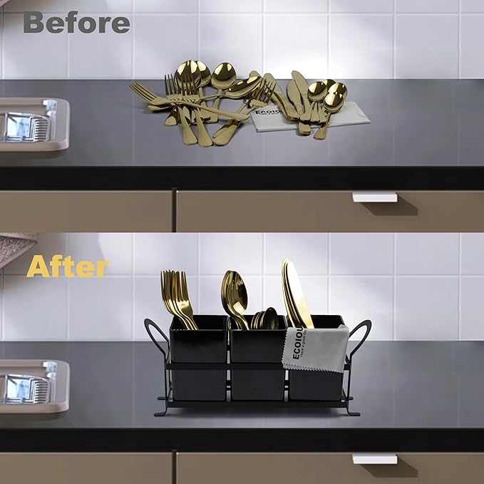 Cutlery Holder with Drain Holes, Dishwasher Safe Silverware Caddy for Party, Kitchen Counter, 3pcs Bins Set Countertop Utensil Holder for Spoons, Forks and Knives, Black-NeatNest