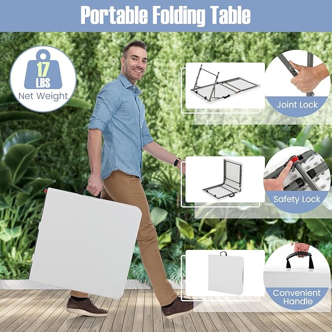 Goplus Portable 4 Foot Plastic Folding Table, 400 LBS Indoor Outdoor Heavy Duty Adjustable Folding Tables with HDPE Tabletop, Carrying Handle, Foldable Utility Card Table for Picnic, Camping, Dining-NeatNest