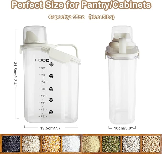 2 PCS Airtight Storage Containers, 2.8L/95fl.oz Cereal Rice Holder, Dog Cat Food Dispenser with Measuring Cup, BPA Free Clear Plastic Kitchen Pantry Organization Bin, 1 Blue+1 White-NeatNest
