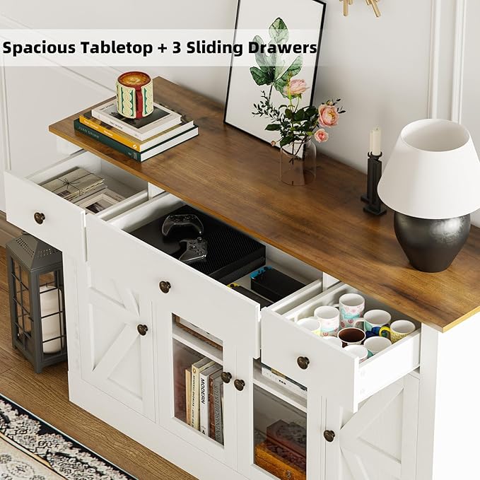 4 EVER WINNER Buffet Cabinet with Storage, 55" Farmhouse Sideboard Buffet Cabinets with Drawers and Glass Doors, Coffee Bar Cabinet for Kitchen, Living Room, White-NeatNest