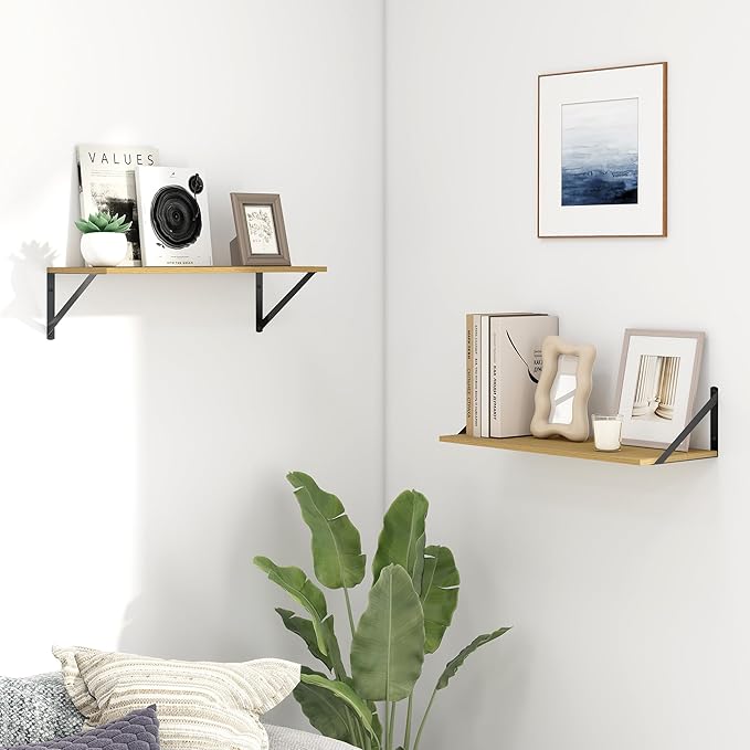 Fun Memories Deep Floating Shelves for Wall, 24W x 8D Wall Mounted Shelves Set of 2, Wide Display Ledge Shelf with Sturdy Metal Brackets for Living Room, Bathroom, Bedroom and Kitchen, Oak-NeatNest