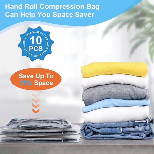 Compression Bags for Travel, 10 PCS Space Saver Bags, Hand Roll Vacuum Packing Bags for Travel, No Vacuum Needed, (3 Large, 3 Medium, 4 Small), Clothing, Luggage, Home Organizers Storage Bags-NeatNest