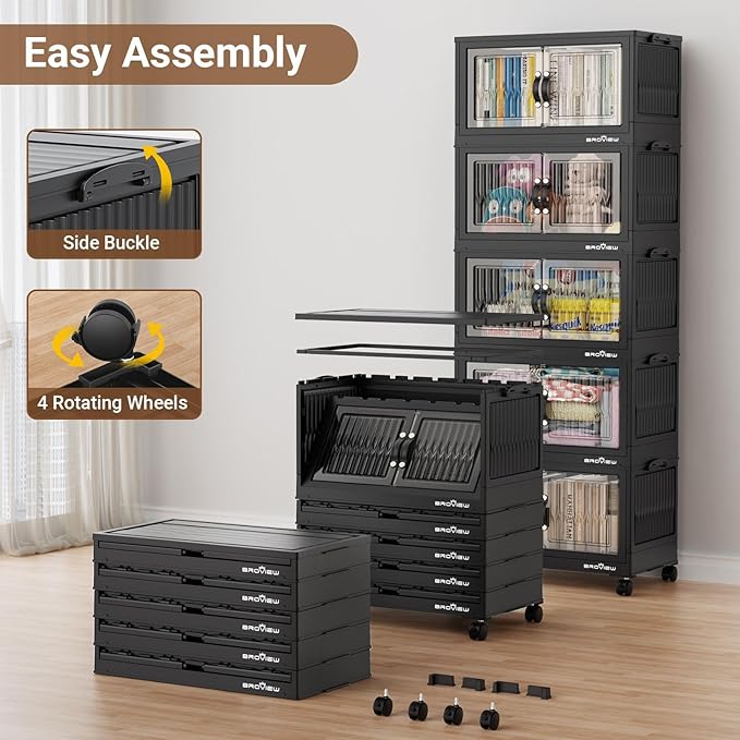 180Qt Stackable Storage Bins with Lid, Extra Large Closet Organizer Collapsible Drawer Boxes with Wheels, Folding Plastic Cabinet Containers for Home Kitchen Room Organization, 3Pack Black