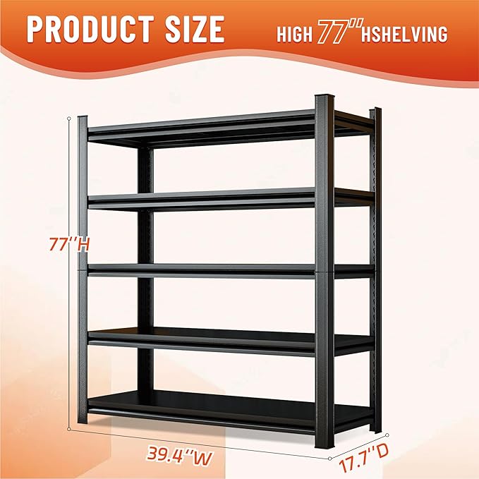 Heavy Duty 5-Tier Shelving Unit 3000LBS Capacity - Adjustable Steel Garage Shelves for Warehouse, Basement Storage(77'H x 39.4''W x 17.7''D)-NeatNest