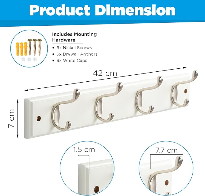 GlazieVault Coat Hooks Wall Mounted - MDF Board Nickel Hook Coat Rack(2 Pack) - Heavy Duty White -Coat Hooks for Wall Clothes Hooks and Wall Hooks-NeatNest