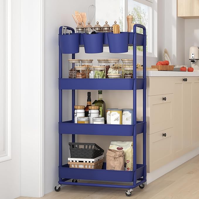 JIUYOTREE 4-Tier Plastic Rolling Storage Cart Utility Cart with Extra Hanging Cups Handles Lockable Wheels for Living Room Bathroom Kitchen Office Blue-NeatNest