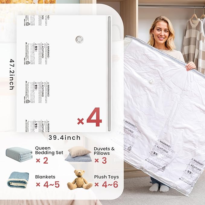 TAILI 4 Pack Vacuum Storage Bags for Comforter and Blankets, XXL Jumbo Vacuum Seal Bags for Bedding (47x39 Inch), Huge Space for Toy, Bedding, Pillows, Save More Closet Space-NeatNest