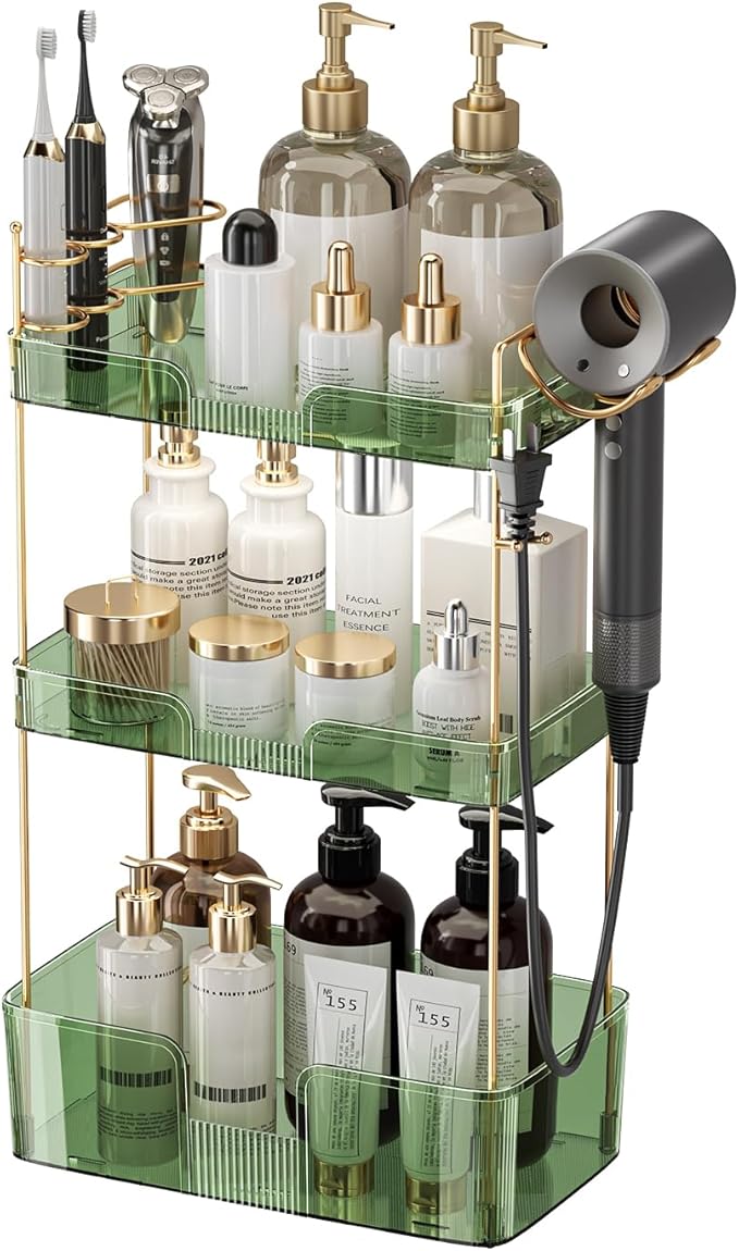 Bathroom Counter Organizer, Large Makeup Organizer Countertop, Shelf Storage, Vanity Tray, Easily Assemble for Bathroom Organizers and Storage, Undersink, Cabinet, 3 Tiers Green-NeatNest