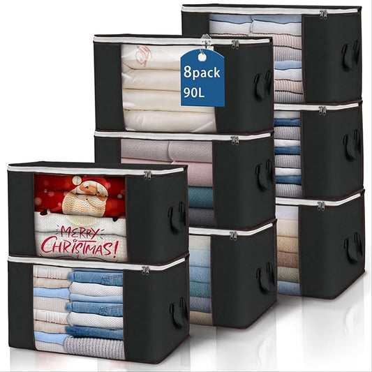 Large Storage Bags, 8 Pack Clothes Storage Bins Foldable Closet Organizers Storage Containers with Durable Handles Thick Fabric for Blanket Comforter Clothing Bedding 90 L (Black)-NeatNest