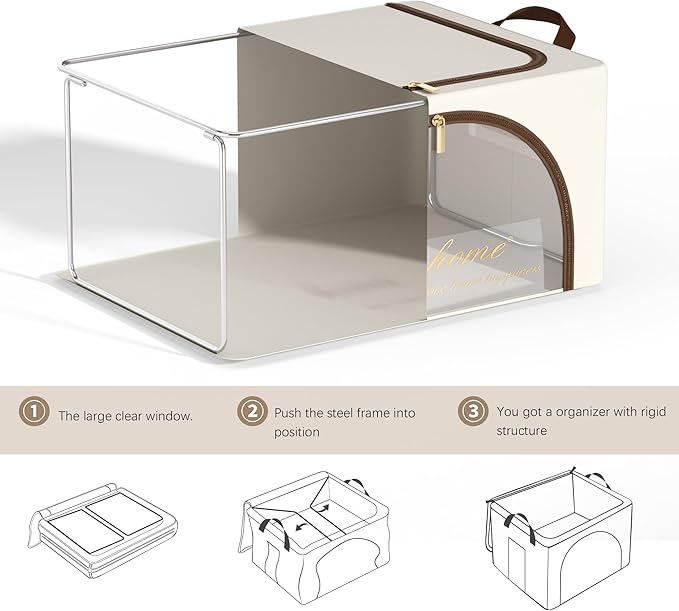 Furnhome 3 pack Clothes Storage Bins with metal Frame, sweater storage for closet, Stackable Storage bins for clothes, Foldable Clothing Storage bins with Cedar Blocks& Windows&Zippers|24L-Off White