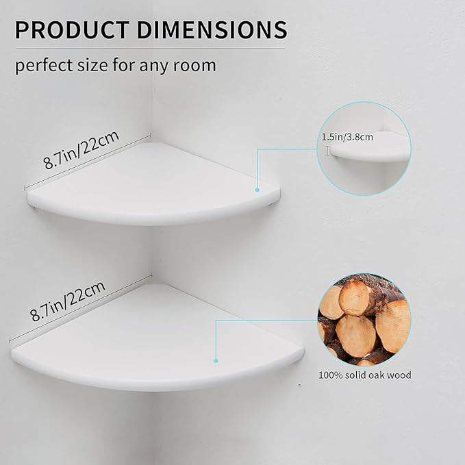 Corner Shelves, Floating Corner Shelf, Set of 2 White Solid Oak Wood Wall Shelves, Round End Wall Mount with Wire Hole Shelving for Small Plant for Bedroom Kitchen, Living Room 8.7"-NeatNest