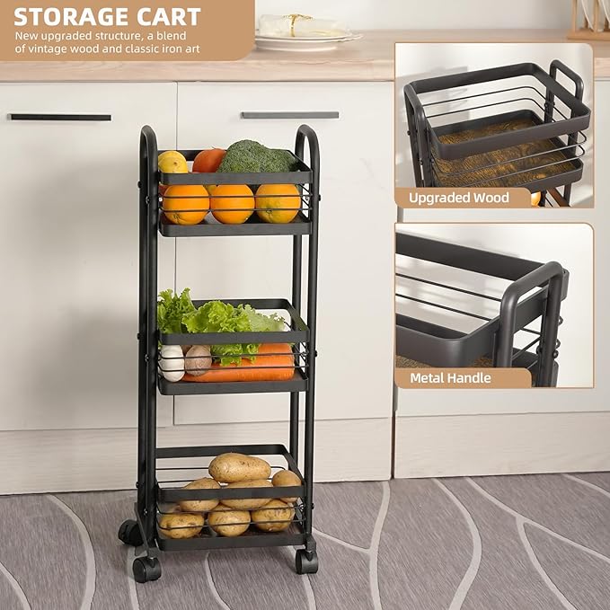 CHPHI 3 Tier Rolling Utility Cart Organizer, Stable and Sturdy Black Rolling Storage Carts with 2 Lockable Wheels, Multifunctional Storage for Kitchen, Bathroom & Laundry