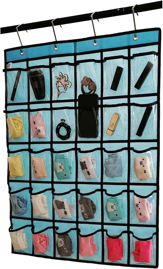 Classroom Pocket Chart for Phone Calculator Holder Over The Door Hanging Closet Jewelry Organizer with 30 Clear Pockets (Blue)-NeatNest