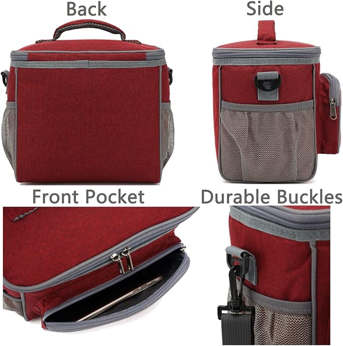 FlowFly Insulated Reusable Lunch Bag Adult Large Lunch Box for Women and Men with Adjustable Shoulder Strap,Front Zipper Pocket and Dual Large Mesh Side Pockets,Red-NeatNest