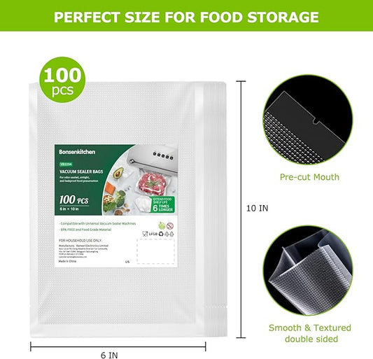 Bonsenkitchen Precut Vacuum Food Sealer Bags 100 Pint 6" x 10", BPA Free, Commercial Grade Textured Food Vacuum Sealer Bag, Thick Embossed Bags for Food Storage and Sous Vide Cooking VB3204-NeatNest