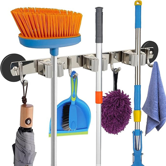 MUTUACTOR Magnetic Broom Holder,Non-slip Heavy Duty Broom and Mop Hanger Metal Tool Holder 3 Racks and 4 Hooks for Laundry Garage Kitchen Factories Workshops Organization and Storage(1 Set)-NeatNest