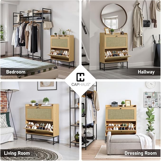 CAPHAUS Shoe Storage Cabinet w/Rattan Flip Drawers, Slim Thin Freestanding Entryway Shoes Organizer w/Adjustable & Removable Shelves, Modern Narrow Shoe Rack w/Metal Legs, Natural Oak