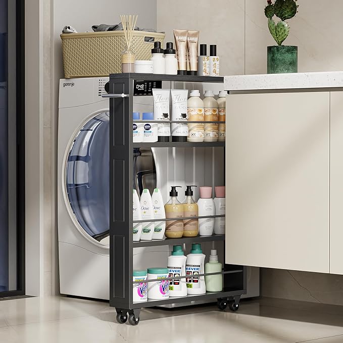 KLM Rolling Storage Cart 4-Tier Black Kitchen Cart with Wheels, Slim Storage Cart with Handle Slide Out Utility Cart Shelving Unit Organizer Trolley for Laundry Narrow Places Bathroom Small Corner