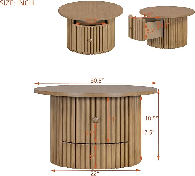 30.5" Round Storage Coffee Table, Rustic Circle Coffe Table for Living Room, Fluted Accent Wood Center Tables Farmhouse, Tea Table with Drawer for Apartment Small Space - Oak