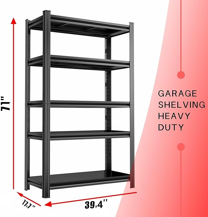 2500lb Capacity Heavy Duty Industrial Shelves | 5-Tier Steel Storage Rack | Adjustable Garage, Warehouse, Workshop Shelving | 71" H x 39.4" W x 17.7" D | Black-NeatNest
