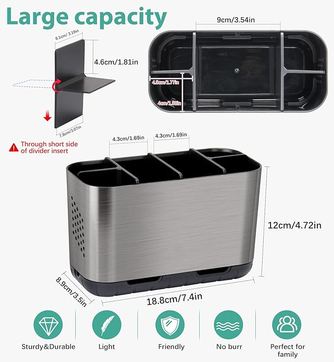 Boperzi Toothbrush and Toothpaste Holder Brushed Nickel Drainage for Bathroom Vanity, Large Electric Toothbrush Storage Caddy Anti-Slip Rustic with Adjustable Dividers for Family, Kids-NeatNest