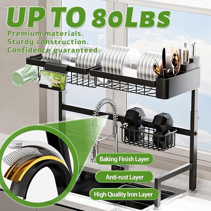 Over The Sink Dish Drying Rack (Expandable Height and Length) Snap-On Design 2 Tier Large Dish Rack (23" - 34" L x 11" W x 19" - 21.5" H)