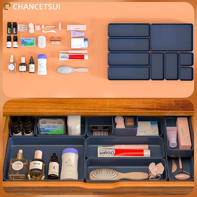 9 Pcs Stackable Drawer Organizer Trays Set, Multifunctional Stackable Storage Trays for Vanity, Bathroom, Kitchen, Desk Drawer Organizer Office. Plastic Drawer Organizers Available In 5 Colours, Blue-NeatNest