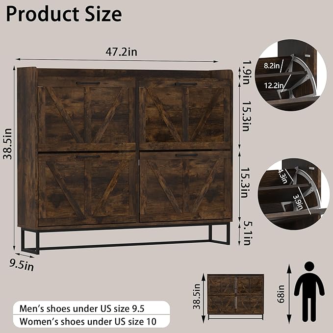 Hidden Shoe Storage Cabinets with 4 Flip Drawers and Metal Legs, Freestanding Narrow Shoe Organizer Rack for Entryway, Rustic Brown-NeatNest