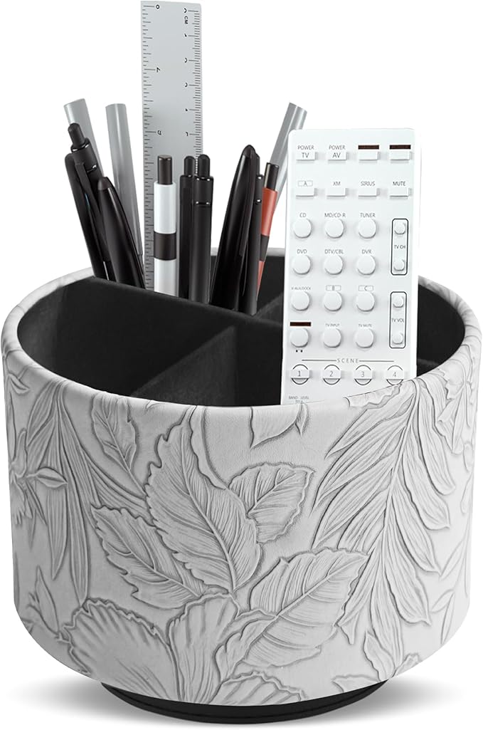 Hennaja Round Leather Art Supply Organizer,Remote Control Holder,360 Degree Spinning,Multi-Functional Pencil Holder,4 Compartments Desktop Stationary Organizer(1-Carved Grey)-NeatNest