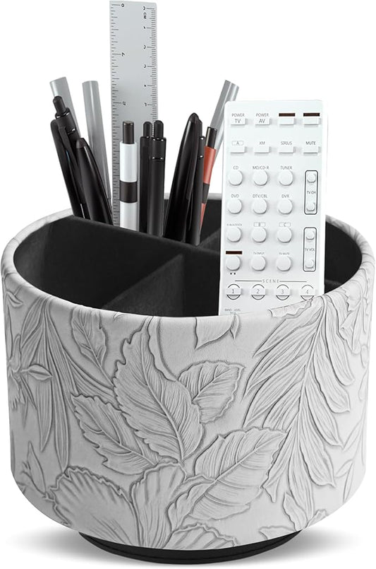 Hennaja Round Leather Art Supply Organizer,Remote Control Holder,360 Degree Spinning,Multi-Functional Pencil Holder,4 Compartments Desktop Stationary Organizer(1-Carved Grey)-NeatNest