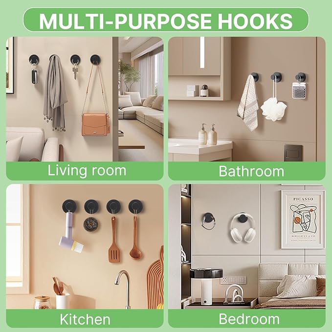 Black Waterproof Suction Cup Hooks, 4-Pack Heavy Duty Stainless Steel No Drill Shower Hooks for Hanging Towels, Robes, Loofahs, Holder Holds Strong on Tile, Glass, Mirror, Wall, Bathroom Door-NeatNest